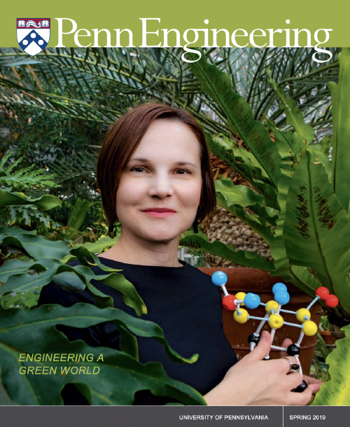 Aleksandra Vojvodic on the cover of the Spring 2019 edition of Penn Engineering Magazine, holding a model of a molecule while standing in a greenhouse