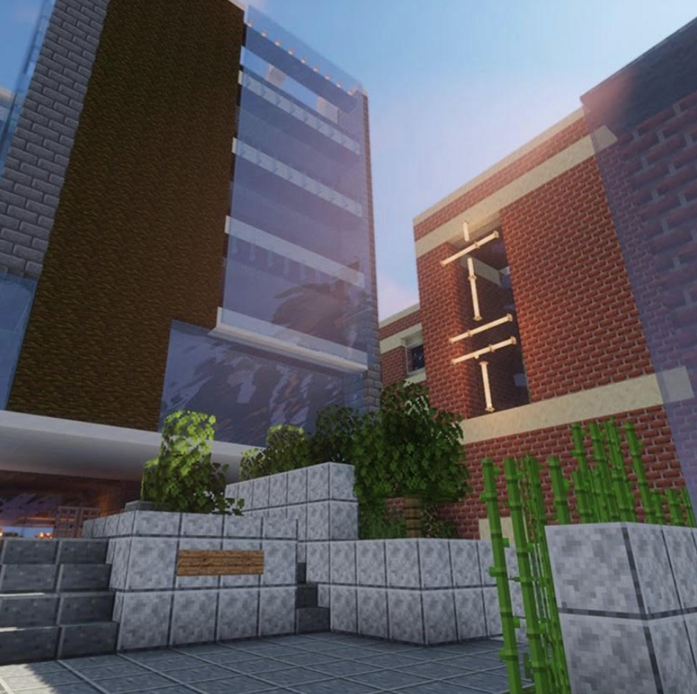 View of Skirkanich Hall rendered in Minecraft