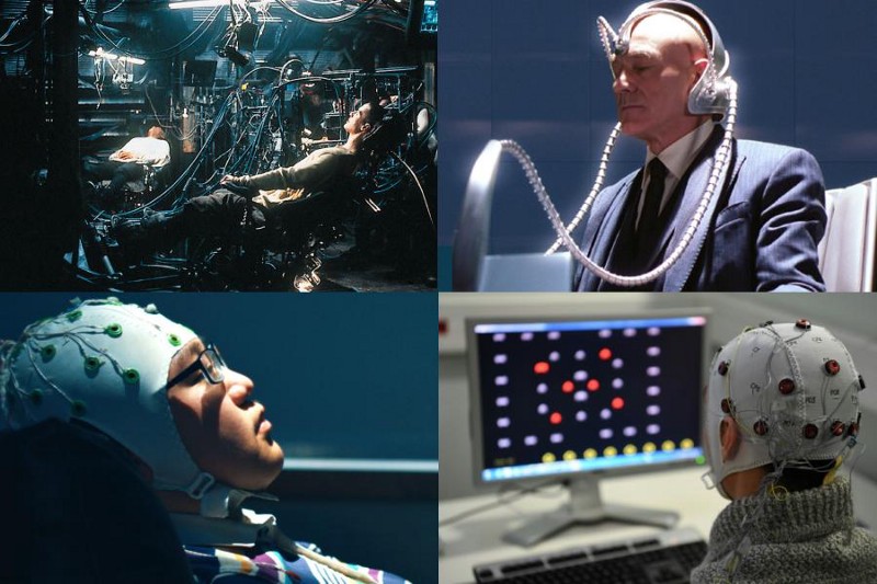 Scenes from The Matrix and X-Men juxtaposed with real-life brain-machine interfaces.