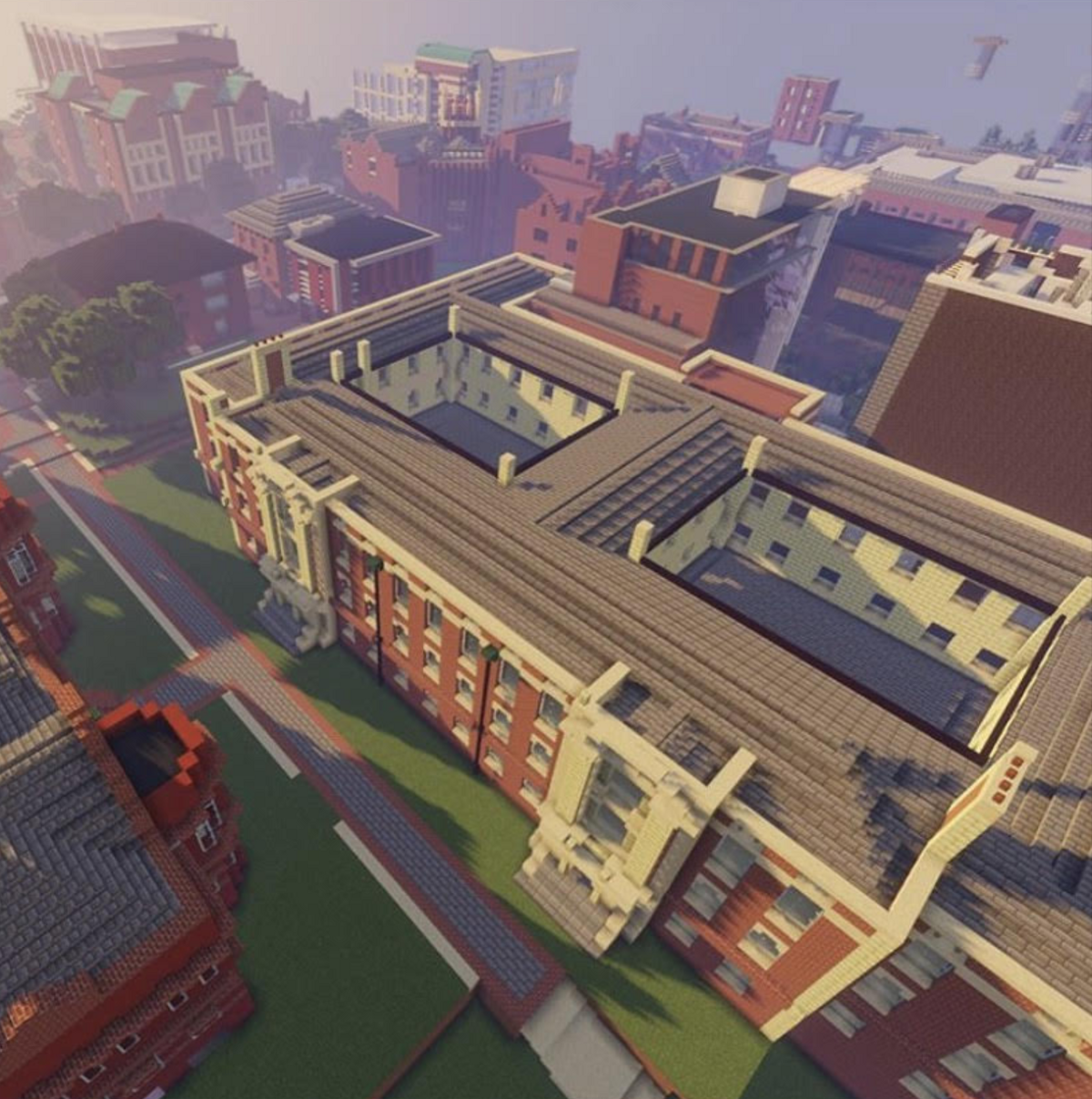 An aerial view of the engineering campus built in minecraft. 