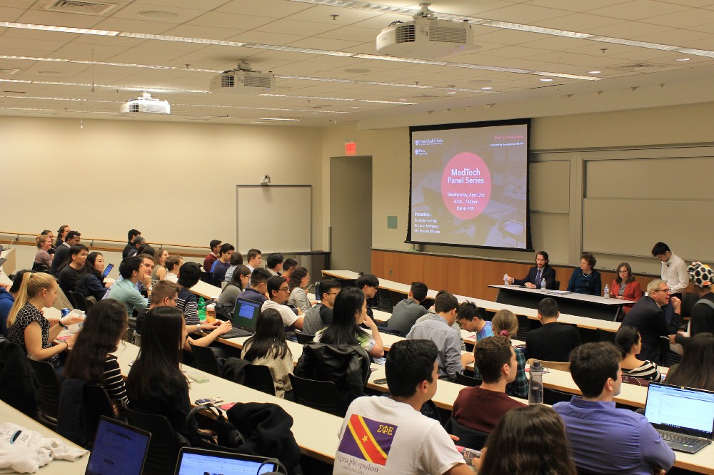 Lecture hall of bioengineering students during a panel presentation