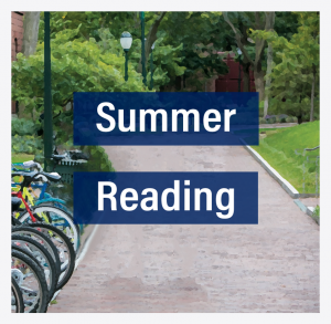 A view of a walking path outside of the Towne Building, with the words "Summer Reading" overlaid