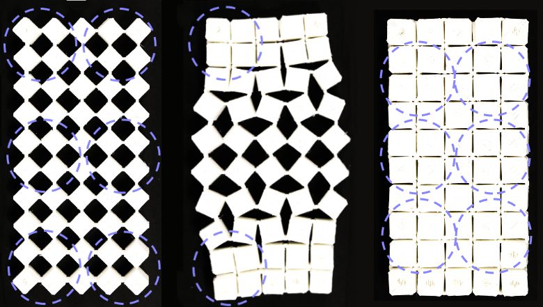 A kirigami structure made of linked cubes transforms in three phases.