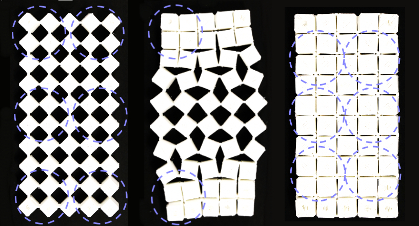 A kirigami structure made of linked cubes transforms in three phases.