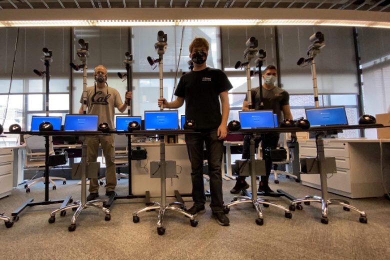 GRASP lab researchers (from left) Bernd Pfrommer, Kenneth Chaney, and Caio Mucchiani assembling telemedicine cart prototypes in Levine hall earlier this spring. (Image courtesy of Kenneth Chaney and Bernd Pfrommer)