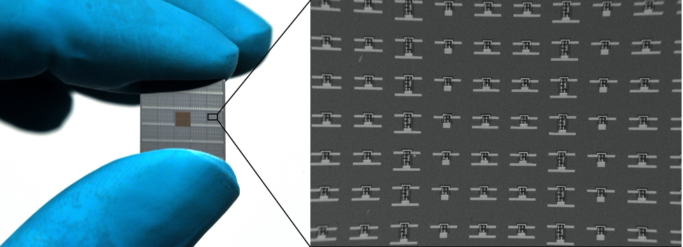 Gloved fingers holding a silicon wafer, with a zoomed in detail showing microscopic robots