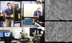 Photo compilation of Prof. Pope and Dr. Licurse teaching a live demo, Scanning Electron Microscope and computer set up, and images of fractured materials under the SEM.