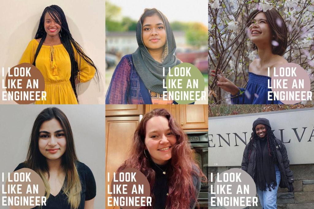 Penn Engineering students (clockwise) Nyasha Zimunhu, Fahmida Lubna, Celestina Saven, Sanjana Hemdev, Sabrina Green and Sydney Kariuki all participated in the "I Look Like an Engineer" campaign organized by AWE.