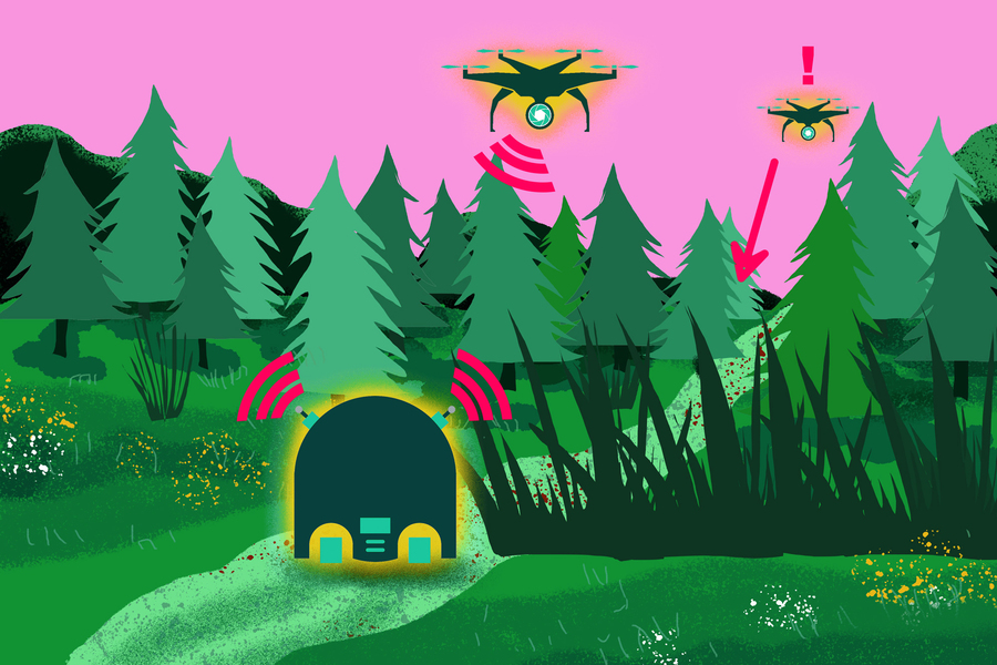 An illustration of robots collaborating in a forest, by Jose-Luis Olivares.