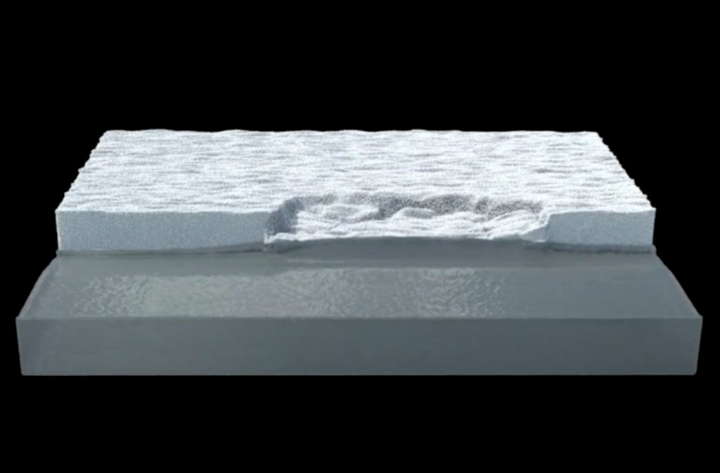 A computer generated model of a glacier calving.