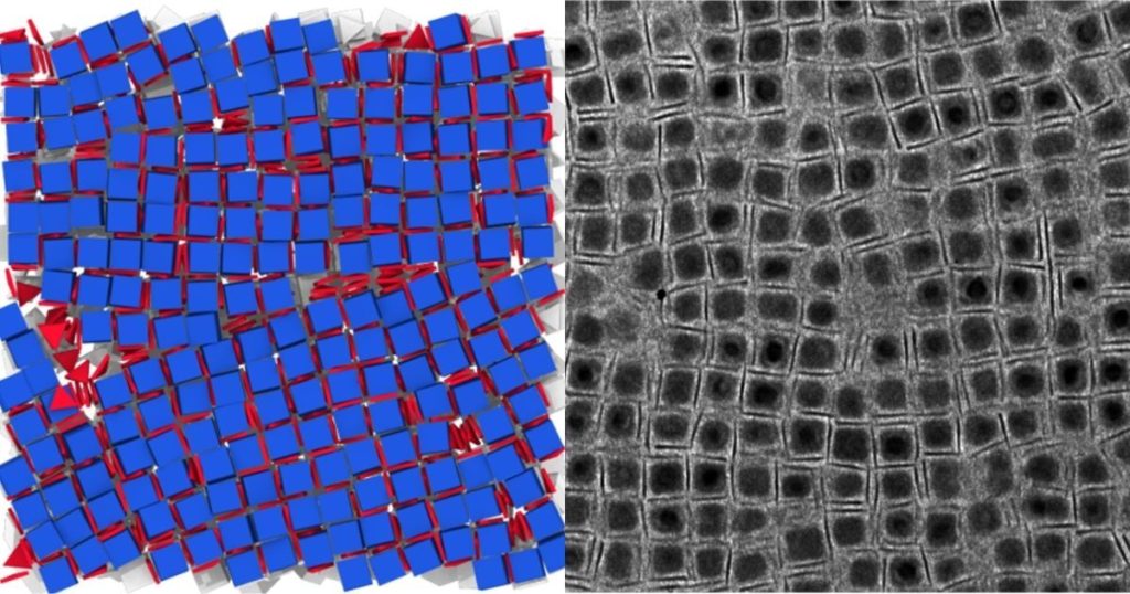 A simulation of a predicted nanocrystal structure next to a microscope image of a real nanocrystal