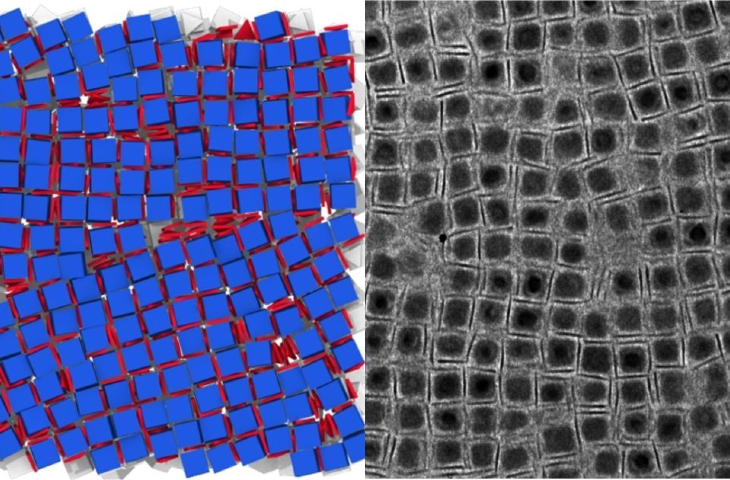 A simulation of a predicted nanocrystal structure next to a microscope image of a real nanocrystal