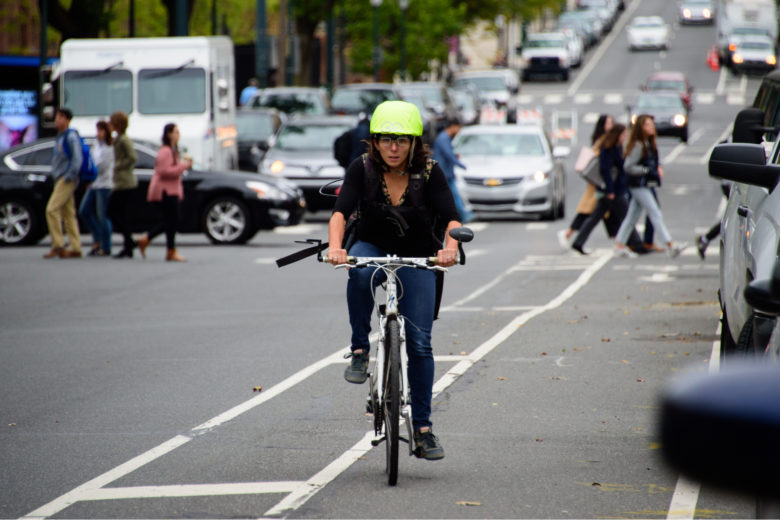 Using eye tracking data from cyclists navigating through Center City, researchers from the lab of Megan Ryerson (above) describe how biometric data can be used to find potentially challenging and dangerous areas of urban infrastructure. (Image: Thomas Orgren)