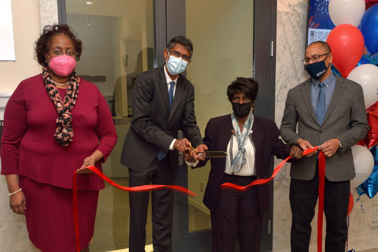 Laura Stubbs, Vijay Kumar, Cora Ingrum and CJ Taylor cut the ribbon for the new ODEI suite