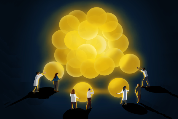 Illustration depicting researchers gathering glowing orbs togethers