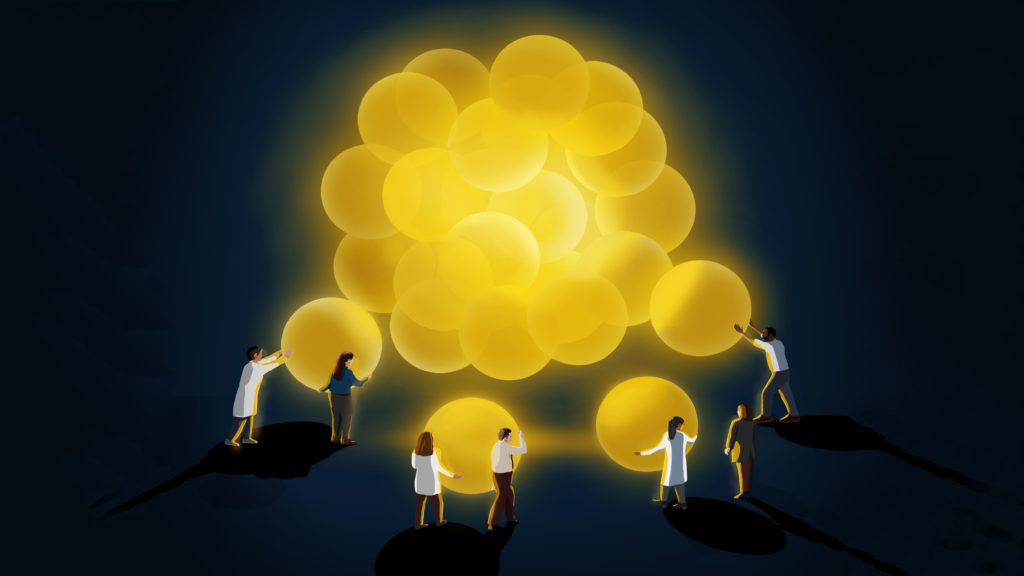 Illustration depicting researchers gathering glowing orbs togethers