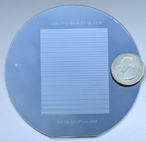 The Penn researchers' VLSMI Device: a silicon wafer, not much bigger than a quarter, with finely etched microfluidic channels that precisely package mRNA sequences into lipid nanoparticles.