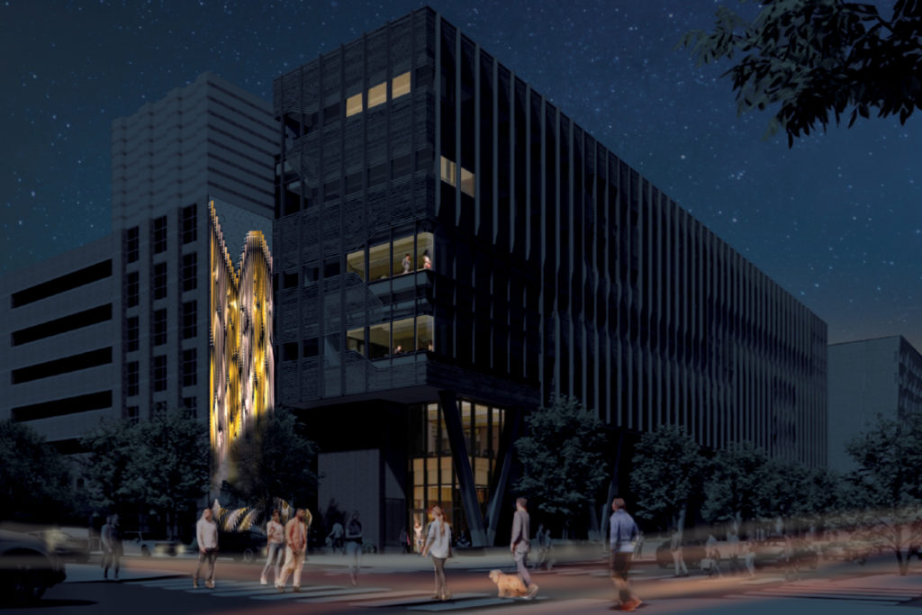 A rendering of Amy Gutmann Hall featuring Cascode, illuminated at night. 