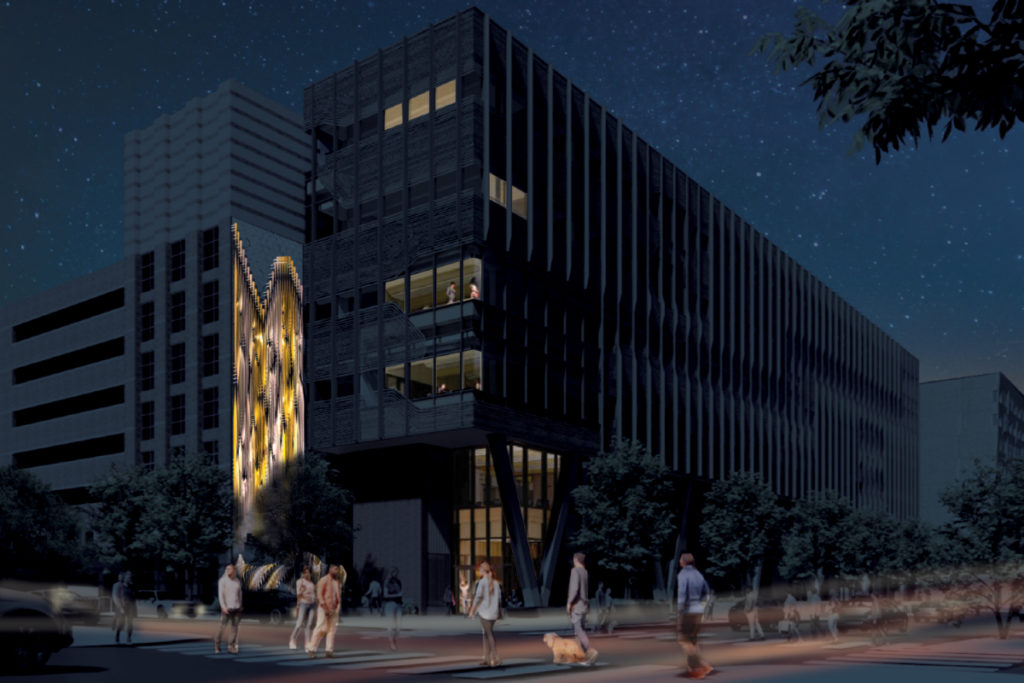 A rendering of Amy Gutmann Hall featuring Cascode, illuminated at night.