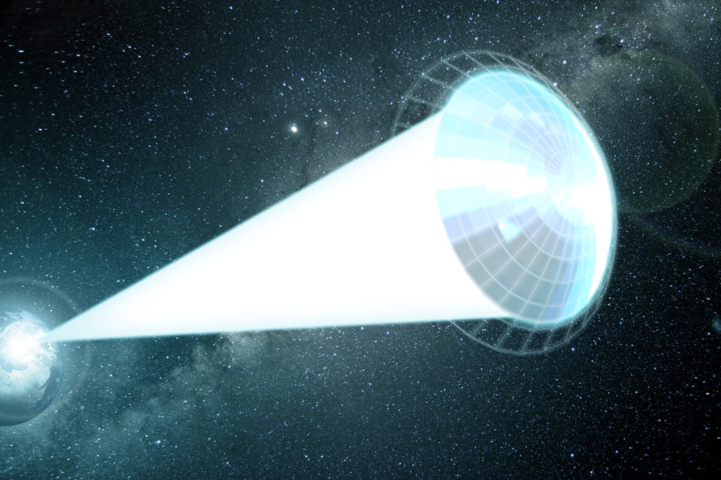 An illustration of a lightsail being pushed through space by a massive laser beam emanating from Earth.
