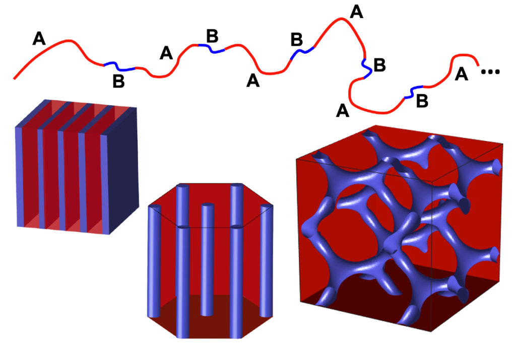 A schematic of a multiblock copolymer, as well as the layer, cylinder and double gyroid structures they can form