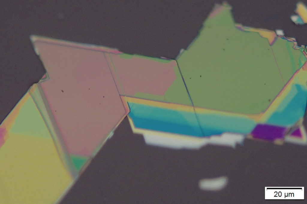 A sample of the researchers' material under magnification, showing regions reflecting different colors.
