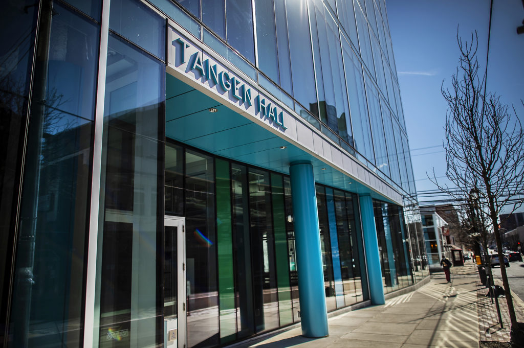 The exterior of Tangen Hall on a sunny day. 