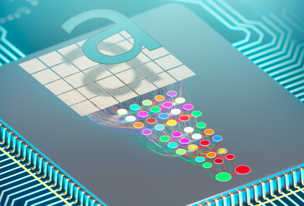 An illustration depicting a computer chip capable of processing images using optical signals in a deep neural network