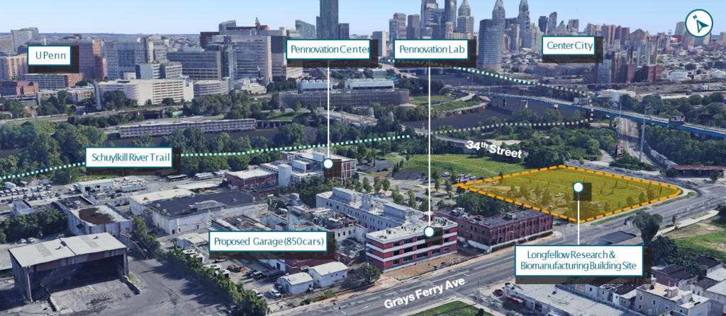 An aerial view of the Pennovation Works campus, labeled to show where the new building will go.