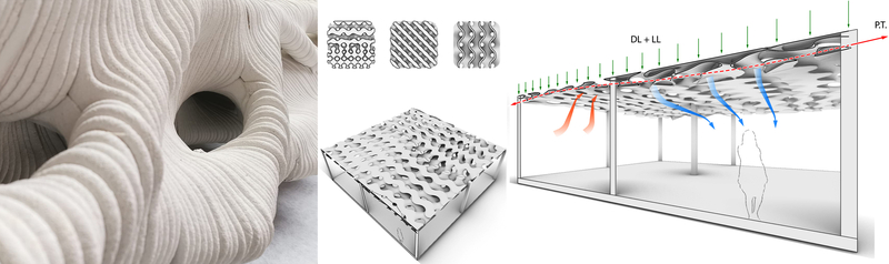 Images of 3D-printed concrete and schematic designs for carbon negative building elements
