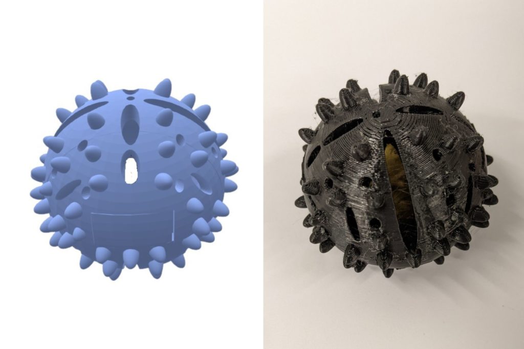 A computer rendering next to a photo of the team's prototype: a spiky ball with slots that can catch and trap plastic microfibers when placed in a washing machine.