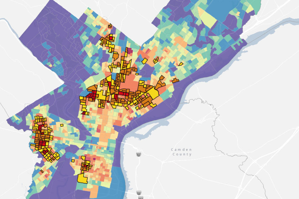 A map of Philadelphia, color-coded to show regions where residents are most susceptible to the dangers associated with climate change.