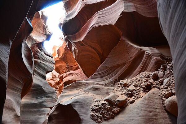 An upward-facing view of Antelope canyon