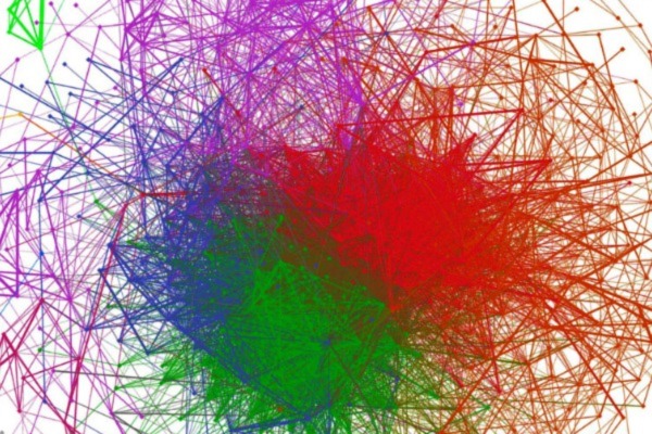 The network visualization depicting Kamen’s idea-generating process. Dots represent words that shaped Kamen’s artistic journey, lines indicate similarities between words, and colors represent communities of like ideas. (Image: Dale Zhou)