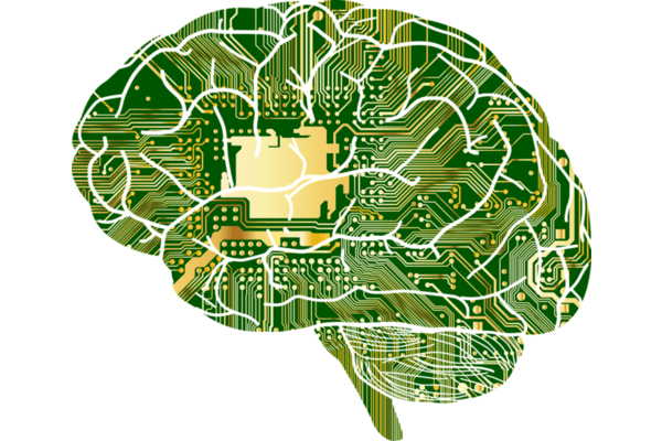 A brain with microchip elements, illustration