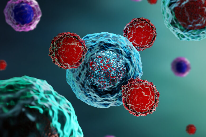 3d render of T cells attacking cancer cells