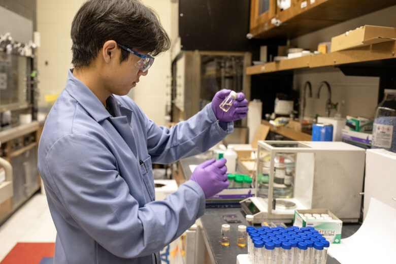 Sophomore Andrew Ahn, C’26, ENG’26, has worked on cars with his dad since childhood. His work this summer—which he hopes to continue—allowed him to marry that passion with those he has for chemistry and mechanical engineering, his two majors. Ahn- Andrew is in his lab working on experiments.