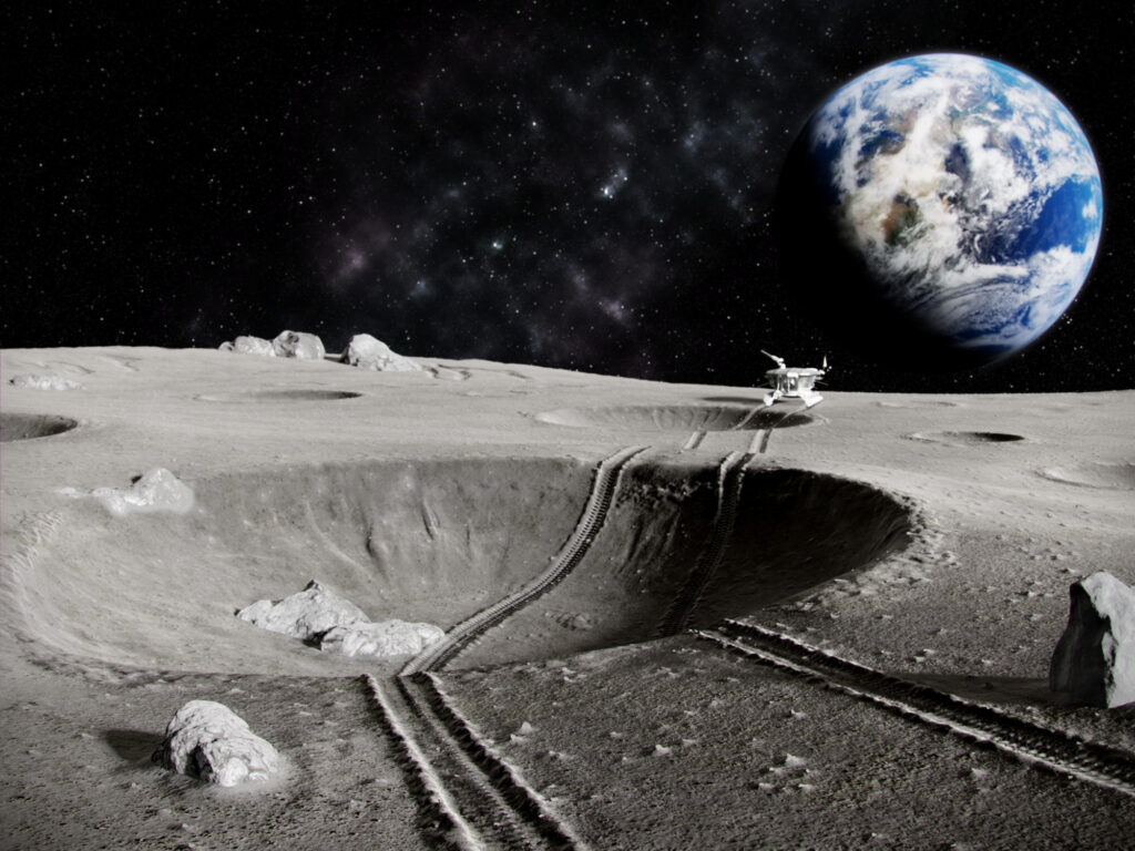 Traces of the moon rover through a crater on the Moon, the planet earth in the background, 3D render