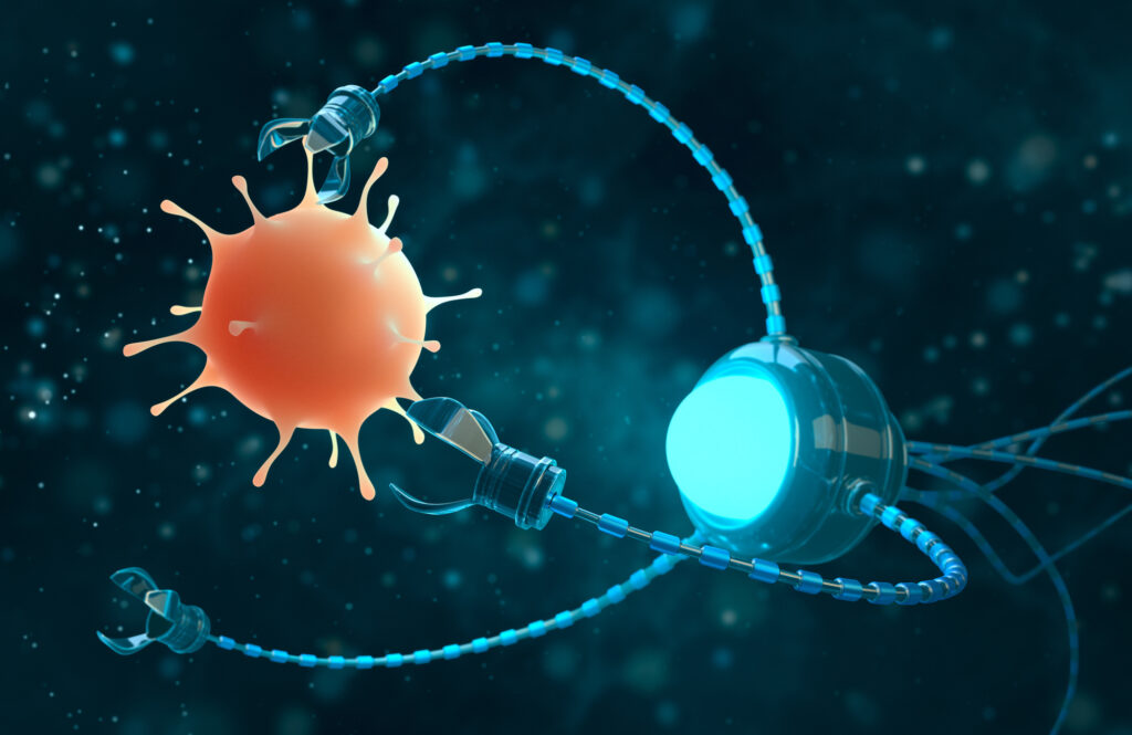 Medical concept in the field of nanotechnology. A nanobot studies or kills a virus. 3 d illustration.