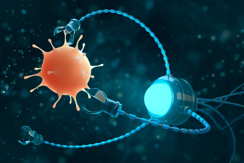 Medical concept in the field of nanotechnology. A nanobot studies or kills a virus. 3 d illustration.