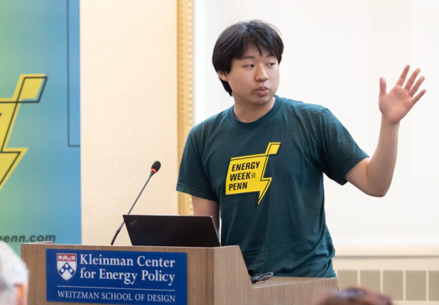 Joey Wu, a student in the Vagelos Integrated Program in Energy Research (VIPER), gave a presentation on "Super Plants" as part of the Lightning Talks during Energy Week in 2023. Student in front of podium giving lecture.(Image: Courtesy of the Kleinman Center for Energy Policy)