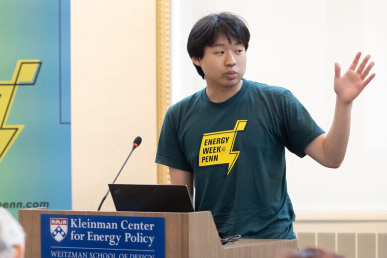 Joey Wu, a student in the Vagelos Integrated Program in Energy Research (VIPER), gave a presentation on "Super Plants" as part of the Lightning Talks during Energy Week in 2023. Student is standing at a podium giving a lecture.(Image: Courtesy of the Kleinman Center for Energy Policy)