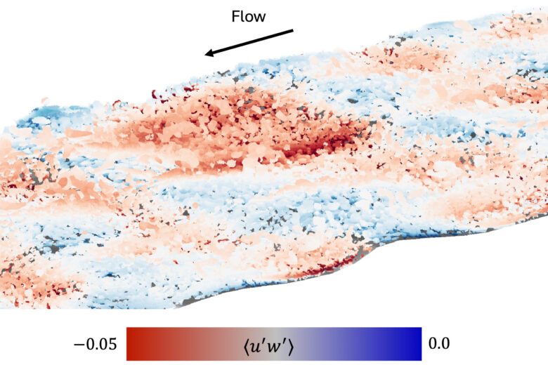 vortex structures colored with the Reynolds shear stress, a marker of turbulence production, which can show high regions (red) of turbulence producing motions behind the dunes and low (blue) as they flow over top.