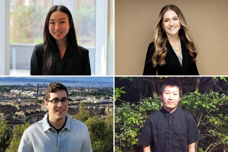 Penn’s 2024 Goldwater Scholars (clockwise from top left) are third-year students Hayle Kim, Kaitlin Mrksich, Eric Tao and Eric Myzelev. Kim, Myzelev and Tao are in the College of Arts and Sciences, and Mrksich in the School of Engineering and Applied Science.