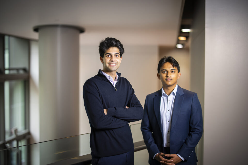Picture of two Penn students, Yash Dhir (left) and Rahul Nambiar have been awarded the 2024 President’s Innovation Prize for their web-based educational management tool, Jochi.