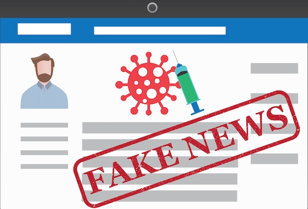 A cartoon of a Facebook newsfeed with an image of a vaccine syringe, a COVID-19 viral particle, and the phrase "FAKE NEWS" stamped across the image.