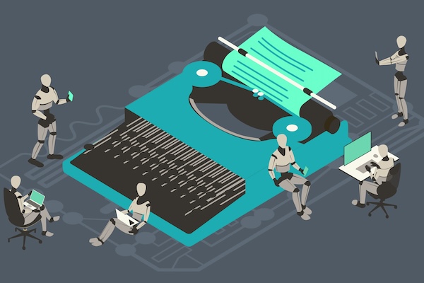 Six robots gather around an oversized typewriter using their own laptops, tablets, and phones, illustrating the concept of writing or journalism work being performed by artificial intelligence. Illustration uses a unified palette of neutral and turquoise colors, comprised of vector shapes over a dark gray background on a 16x9 artboard, and presented in isometric view.