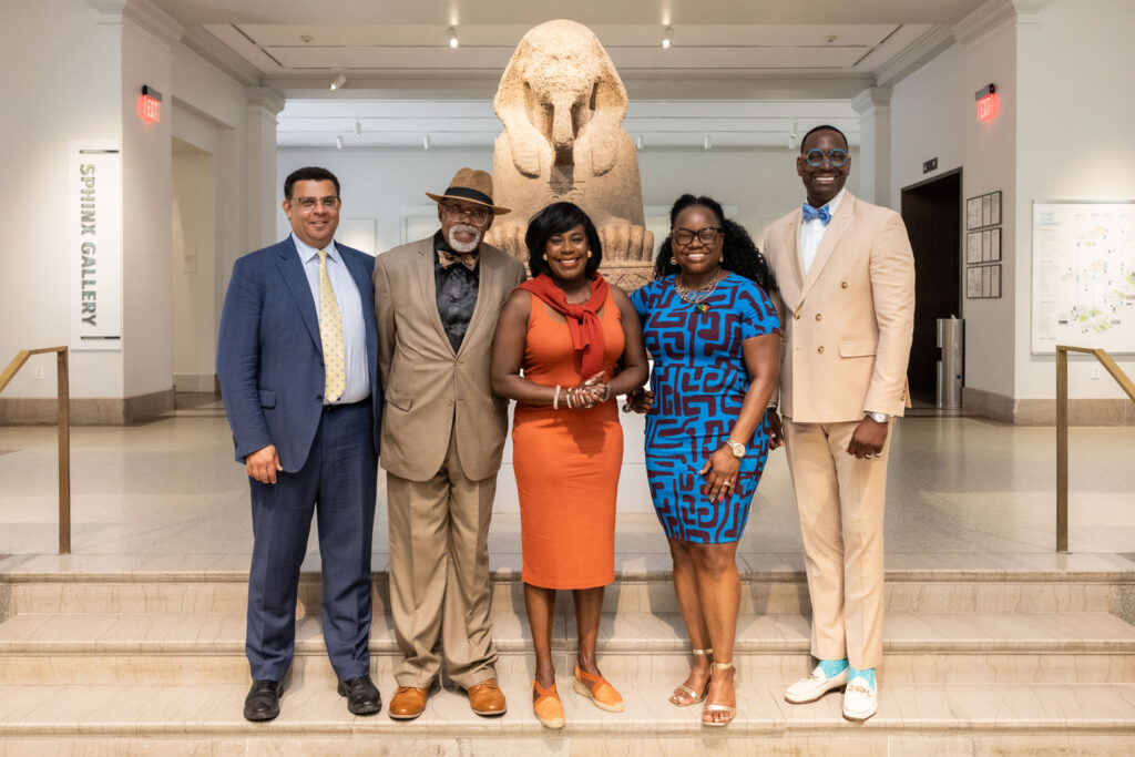 Local and state officials spoke during a festival event, including (from left): Christopher Woods, Williams Director of the Penn Museum; Malcolm Byrd, founder and CEO of Forum Philly; Philadelphia Mayor Cherelle Parker; Penn Museum Chief Diversity Officer Tia Jackson-Truitt; and Pennsylvania Education Secretary Khalid Mumin.
