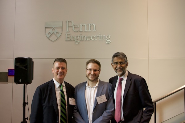 From left: Bradley Richards (C’92, LPS’17), Director of Alumni Relations; Lyle Brunhofer (ENG’14, GEN’14), Vice President and Senior Design Chair of the Engineering Alumni Society; and Vijay Kumar, Nemirovsky Family Dean of Penn Engineering