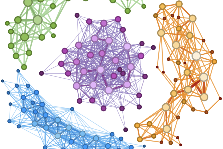 A colorful representation of different pieces by Bach, shown as networks.